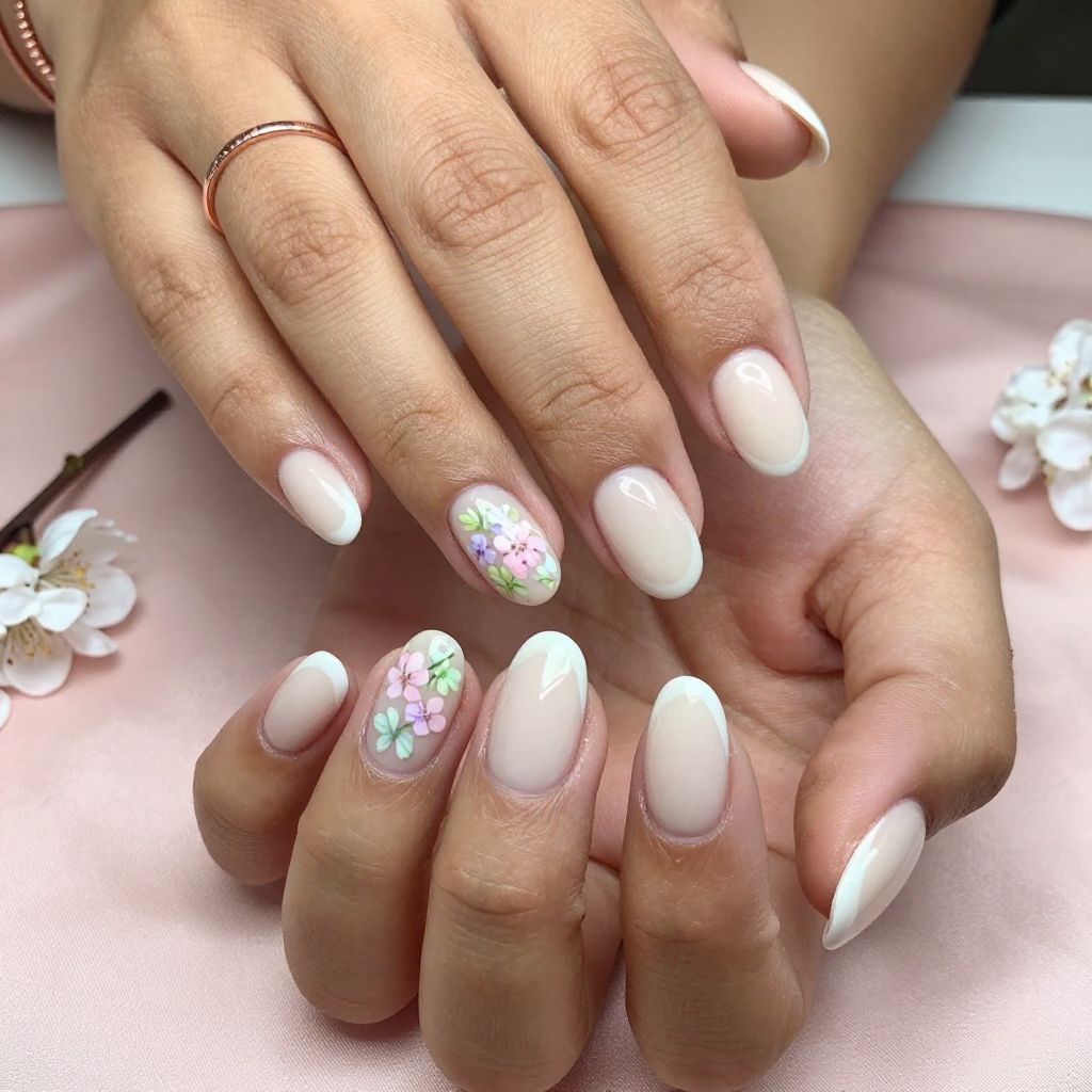 French Tips with Floral Hand-Painted Art