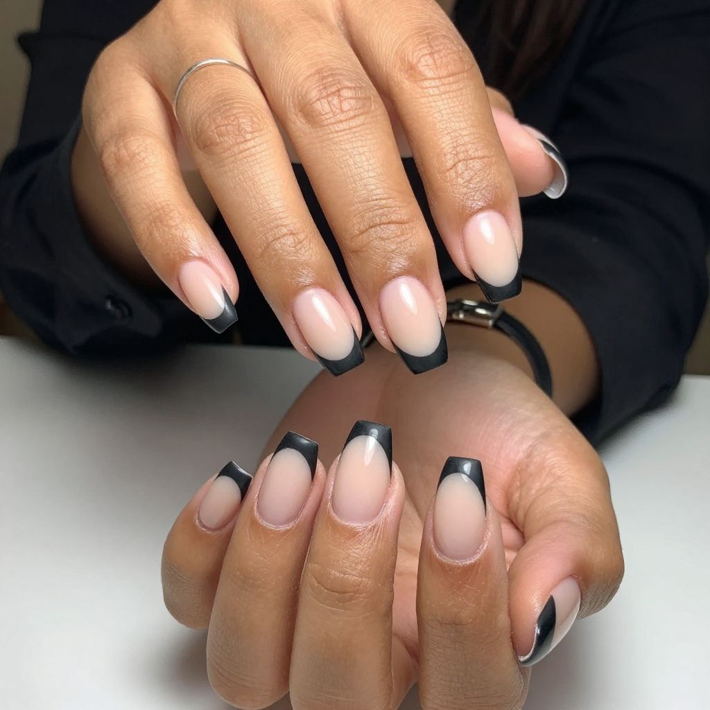 French Manicure with Matte Black Tips