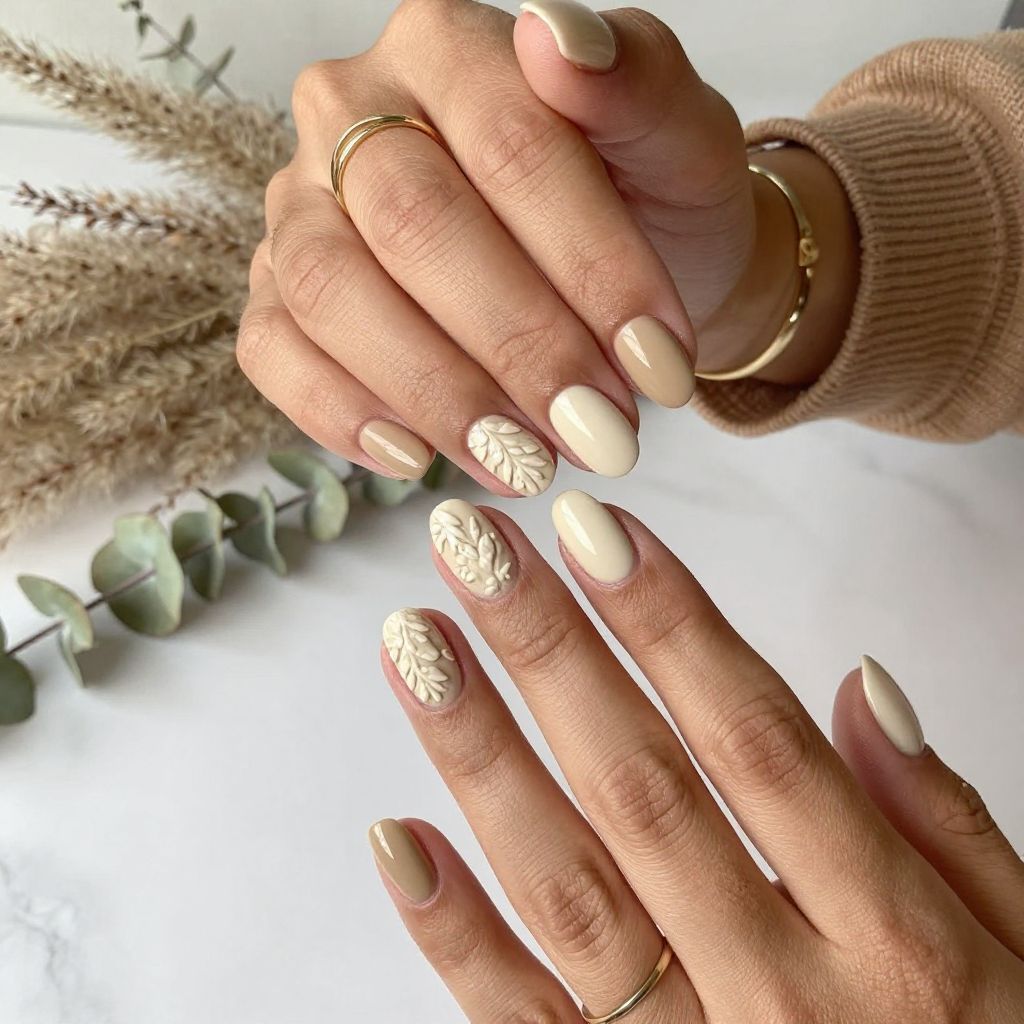 Beige with Textured Leaf Art