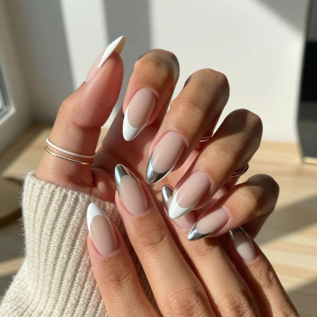 Nude Matte with White Chrome Tips