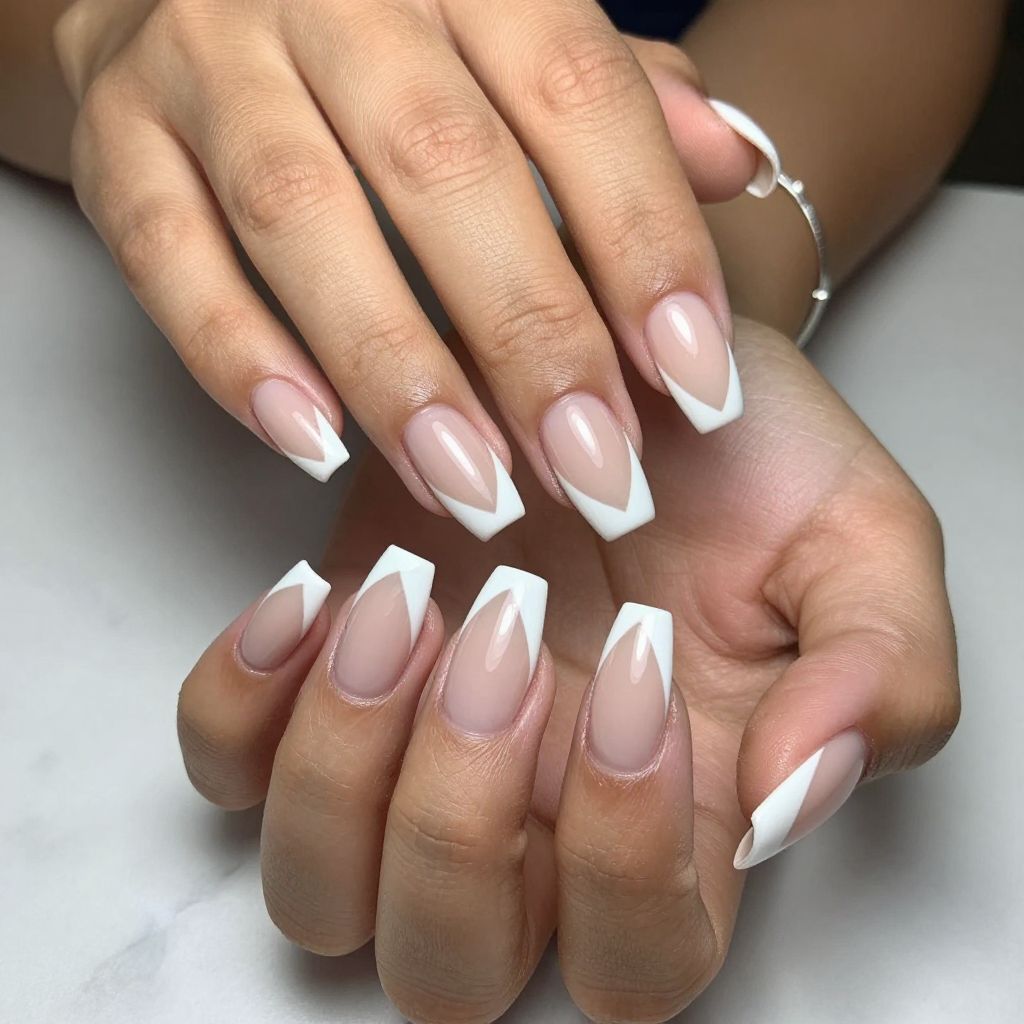 Nude Nails with White Geometric Cutouts