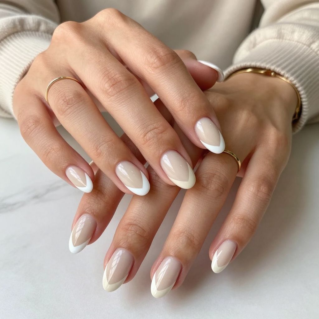 Nude Nails with White Chevron Tips
