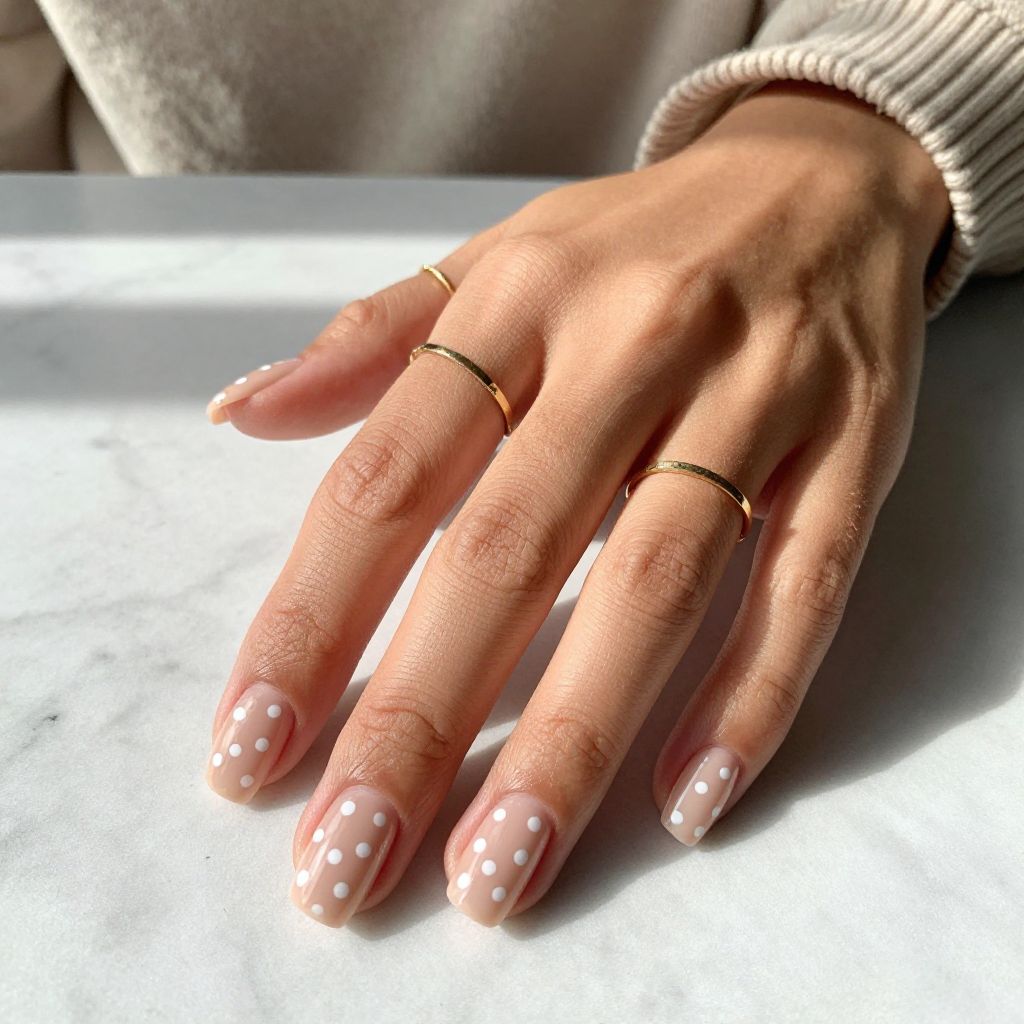 Nude Nails with White Polka Dots