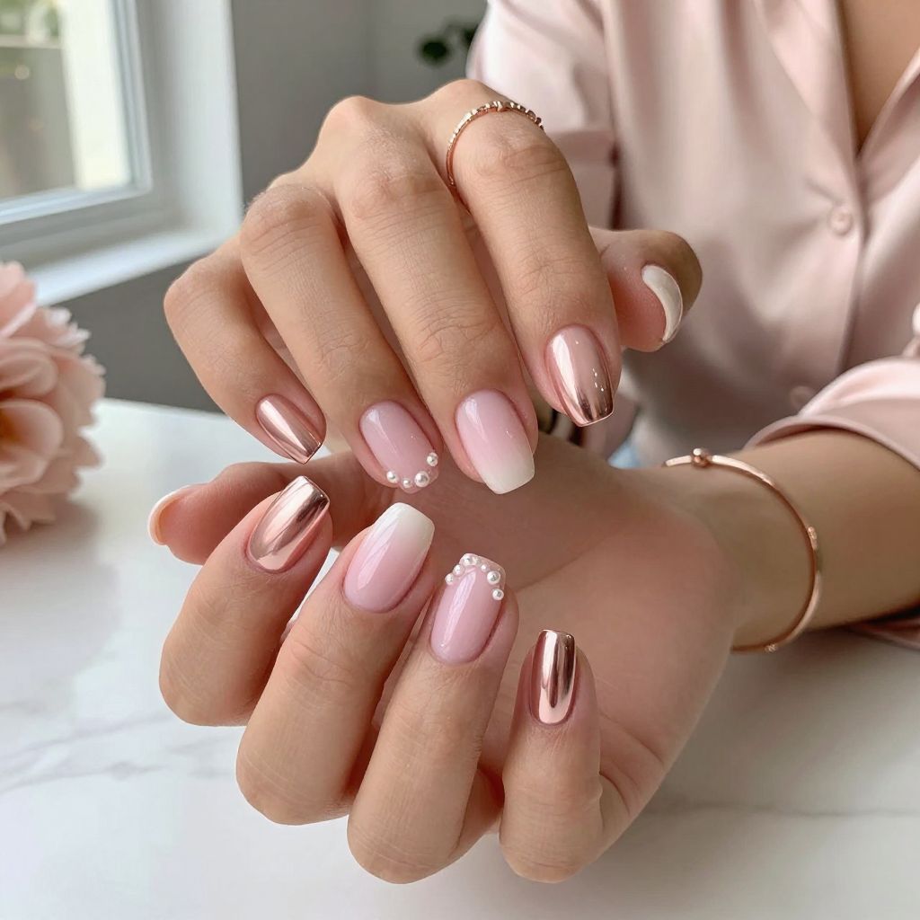 Blush Pink to Rose Gold Ombre with Pearl Accents
