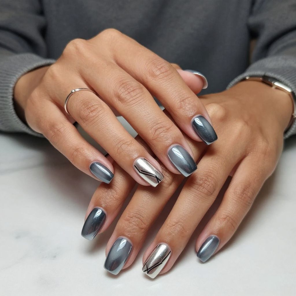 Gradient Metallic Grey to Chrome Silver with Geometric Lines