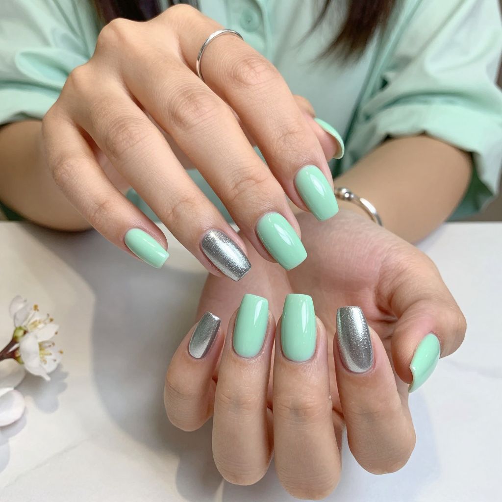 Mint Green Ombre to Chrome Silver with Glitter Fade