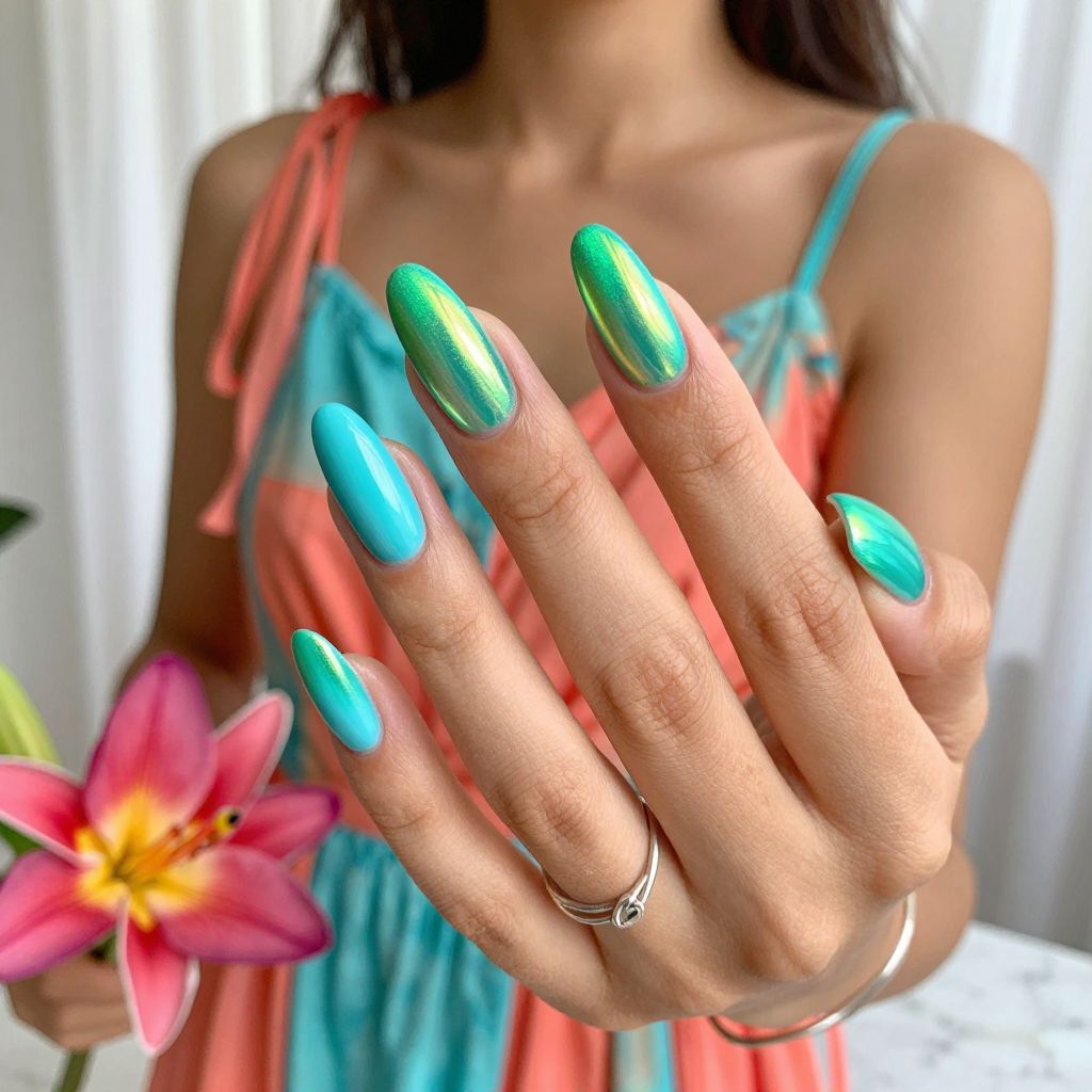 Turquoise to Chrome Green Ombre with Holographic Flare