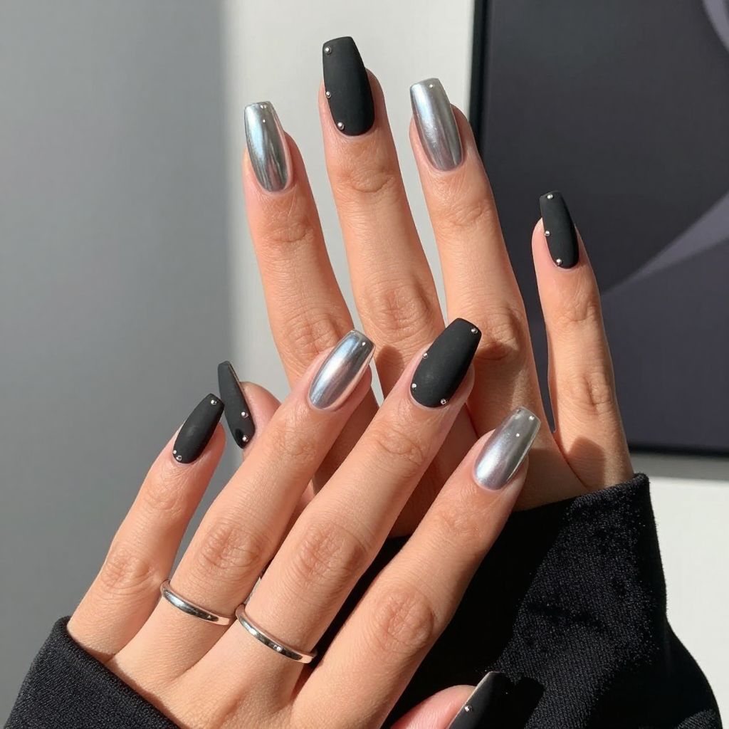 Matte Black to Silver Chrome Ombre with Studded Details