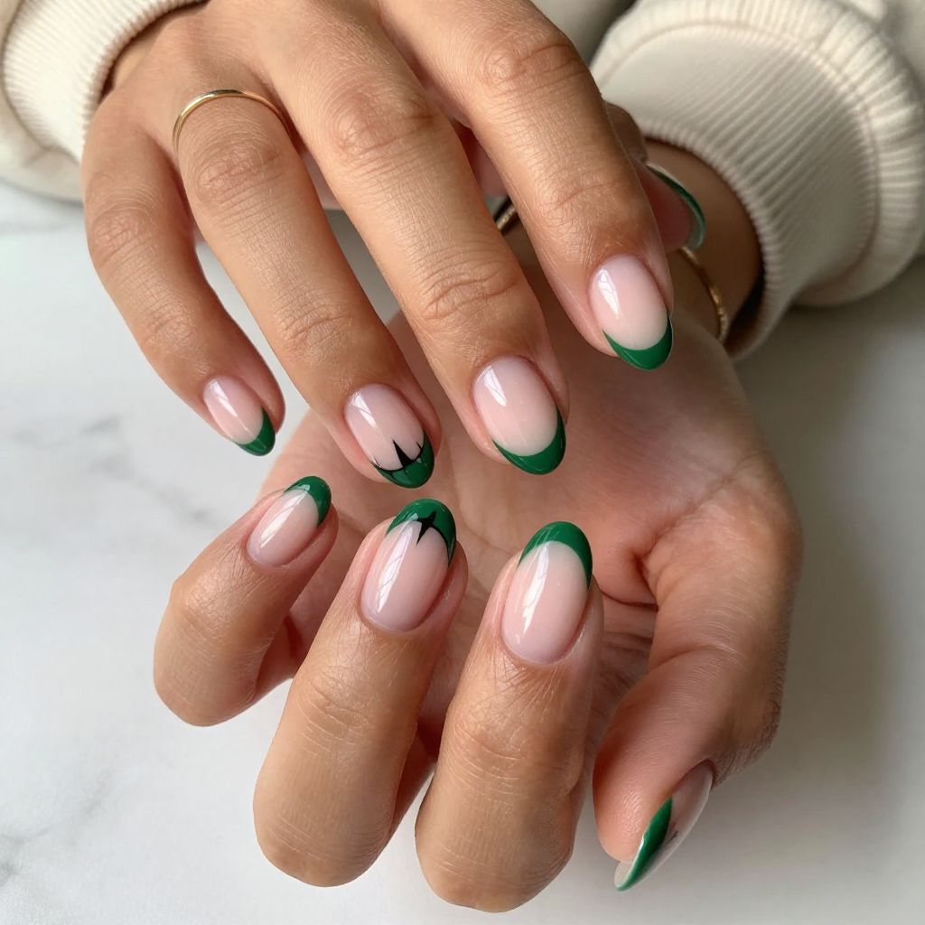 Monster Green French Tips with Stitch Detail nails