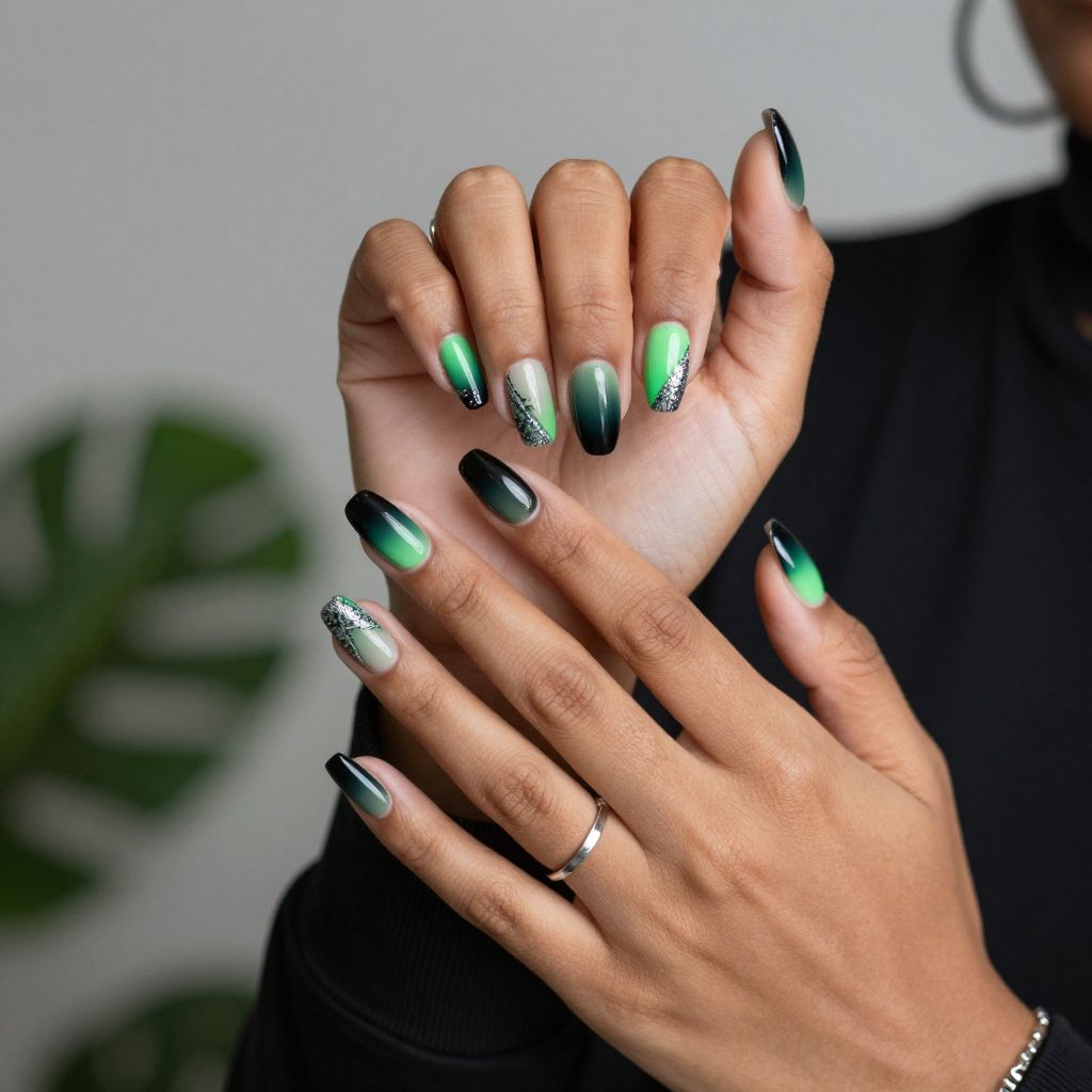 Ombre Black to Green with Glitter Stitches nails