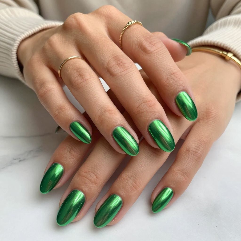 Metallic Green Chrome Oogie Boogie Glam nails
