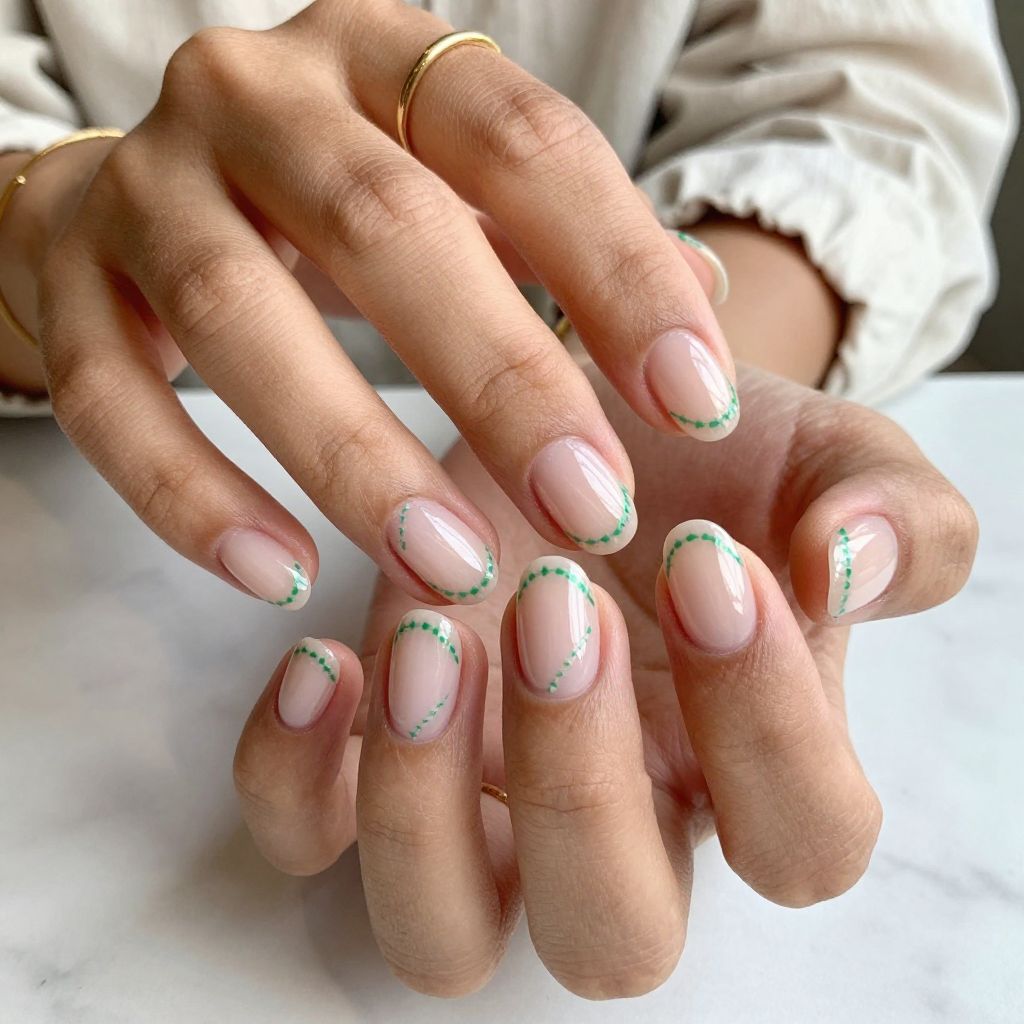 Clear Base with Floating Green Stitch Details nails
