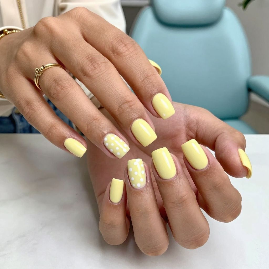 Pale Yellow with White Polka Dots