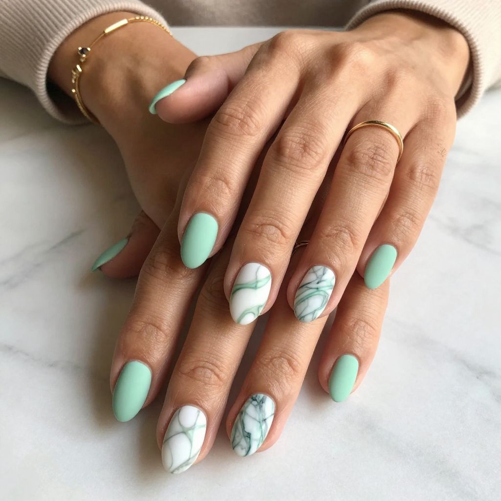 Minty Marble Elegance Nails