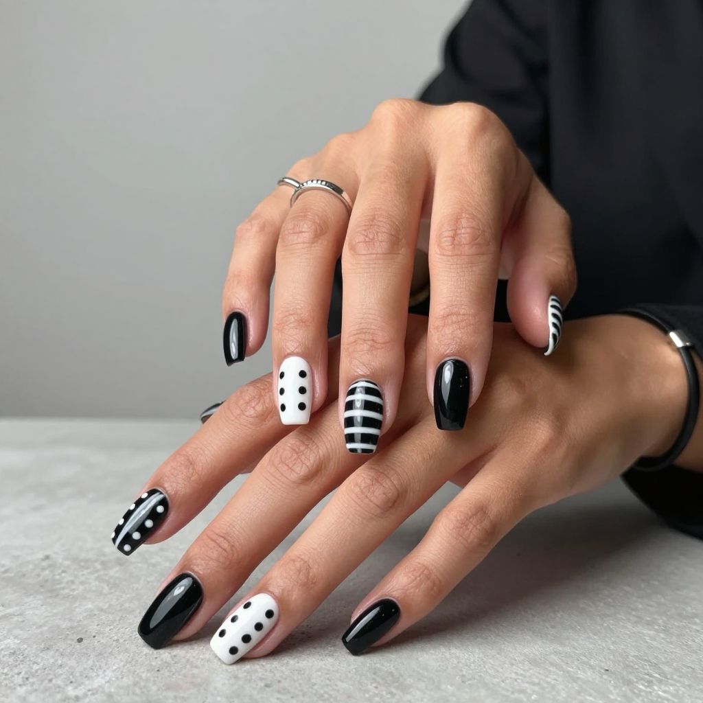 Graphic Black and White Contrast Nails
