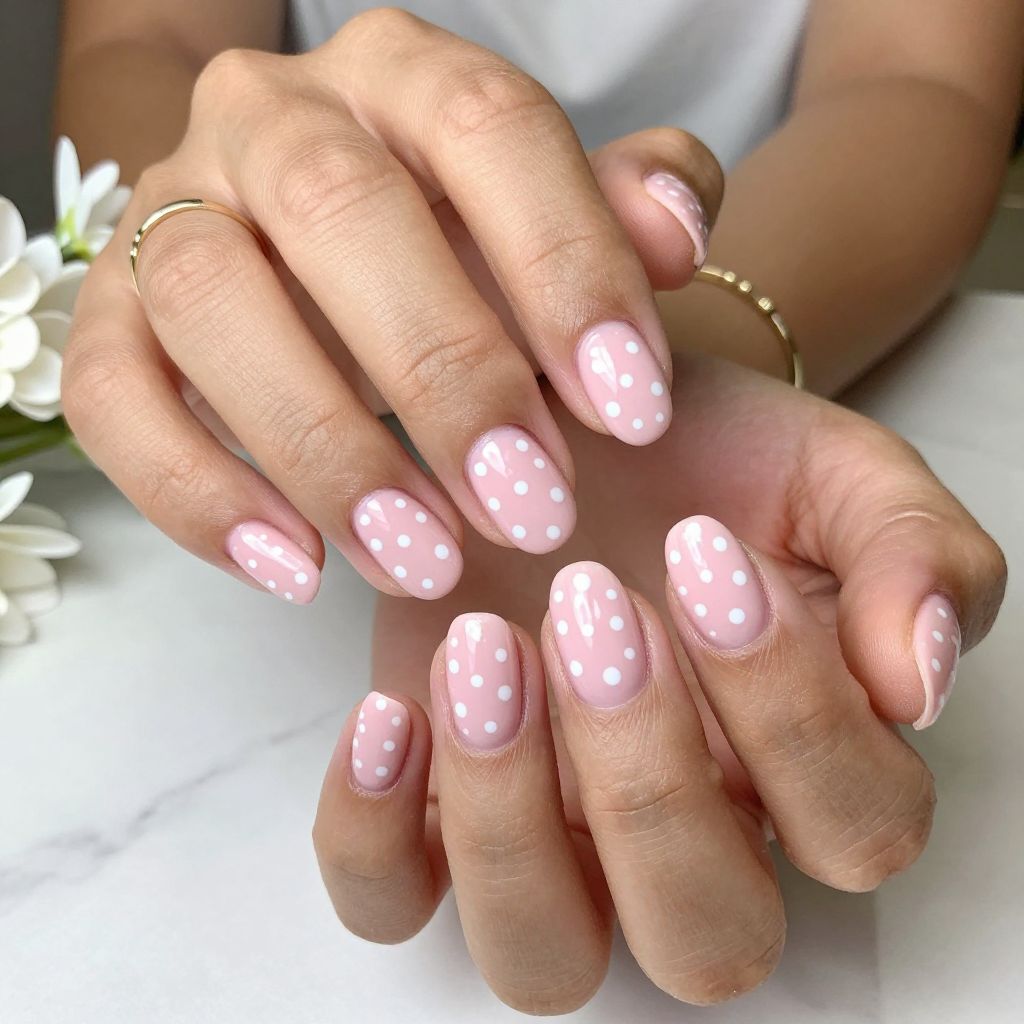 Baby Pink Base with Multisized White Dots