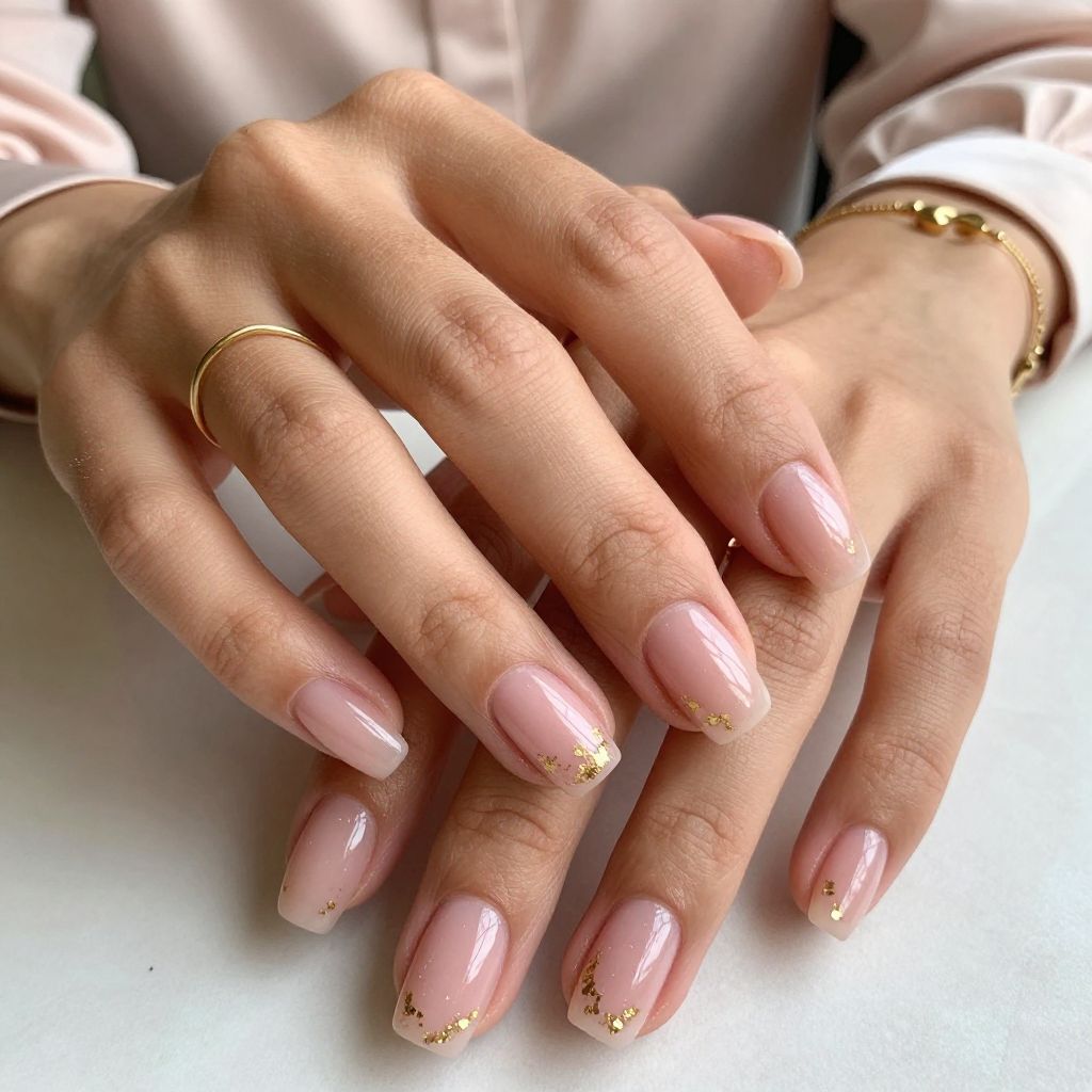 Soft Pink Jelly Nails with Gold Foil Inclusions
