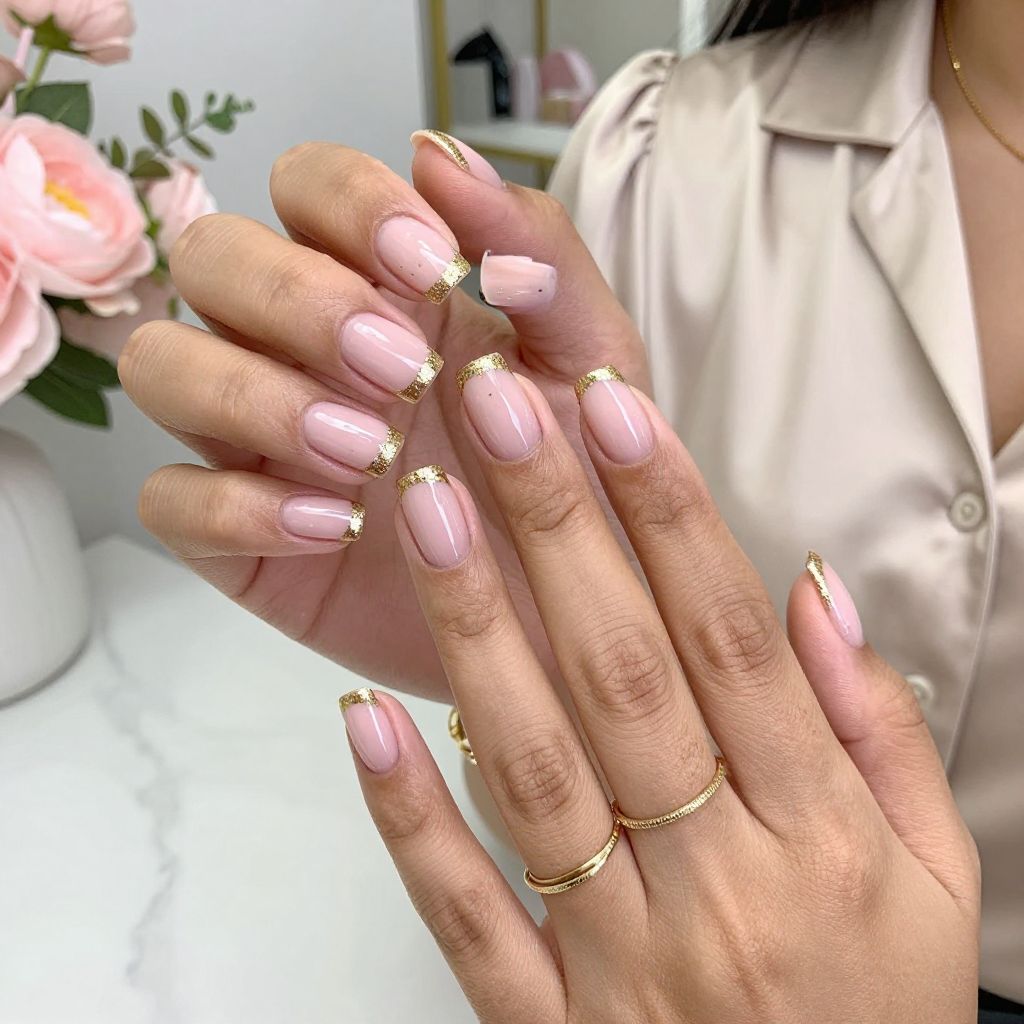 Pale Pink French with Gold Glitter Tips