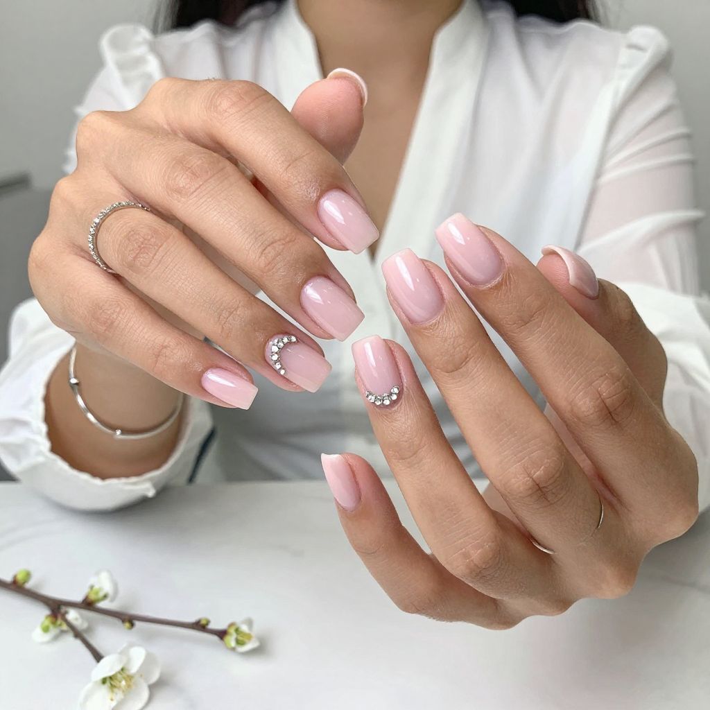 Pale Pink Glossy Base with Rhinestone Cluster Accent