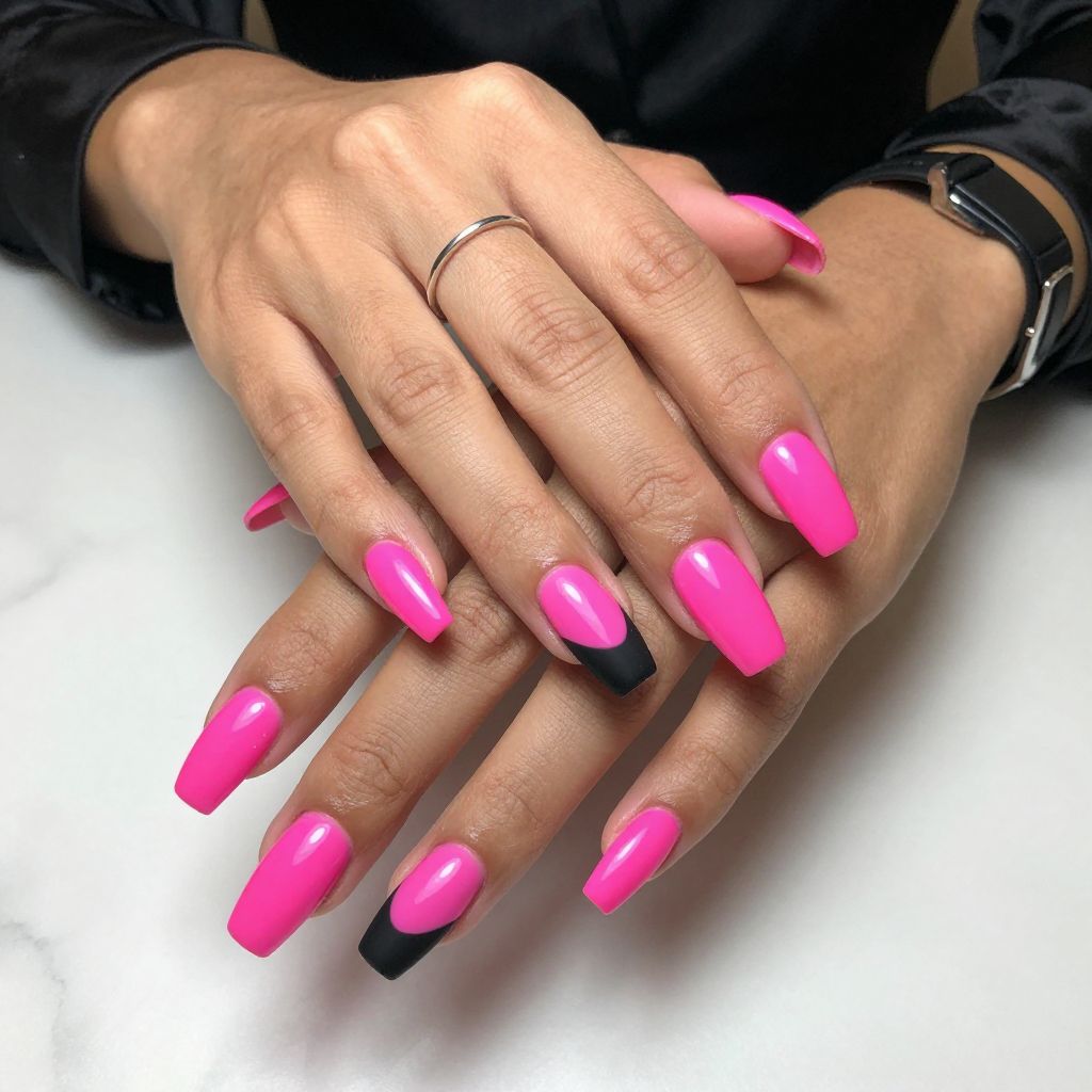 Neon Pink Gloss with Matte Black Half Moon