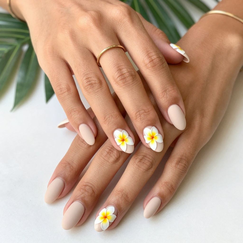 Classic White Plumeria on Almond Nails