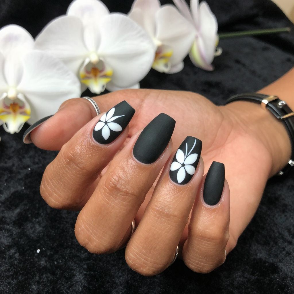 Matte Black with White Plumeria Contrast