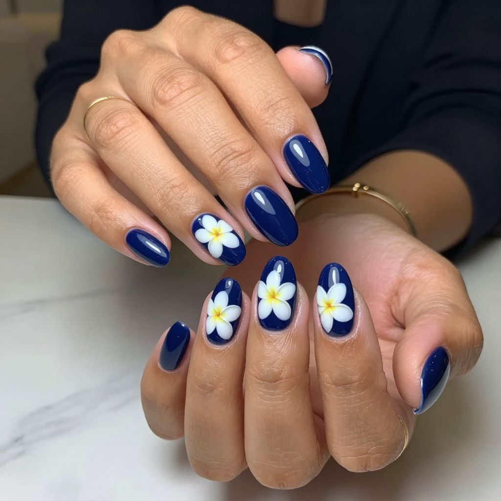 Deep Navy Blue With White Plumeria Contrast