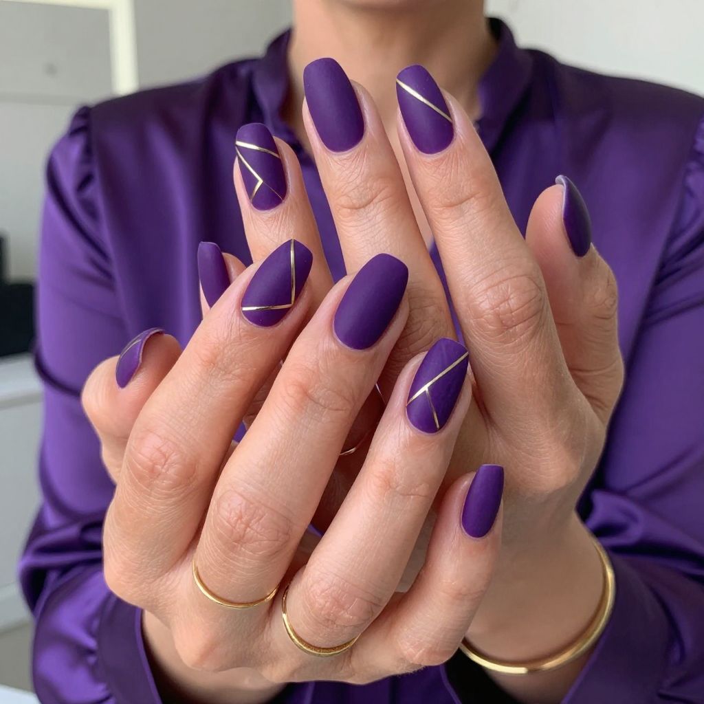 Geometric Gold Lines on Velvet Purple nails