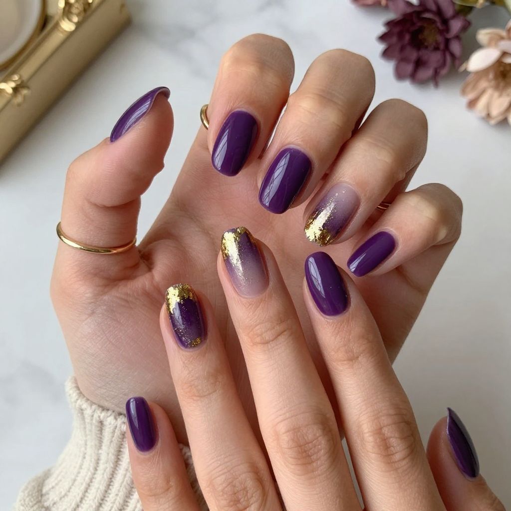 Glossy Purple with Gold Foil Gradient nails