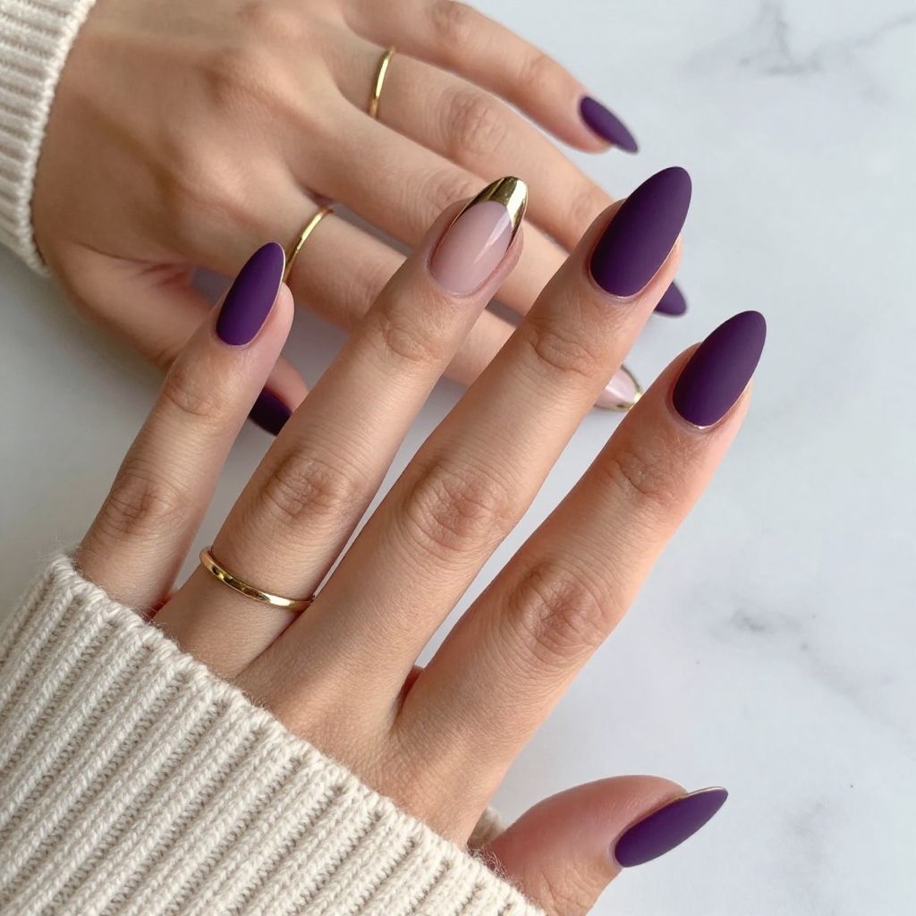 Plum Purple Matte with Metallic Gold French Tips nails