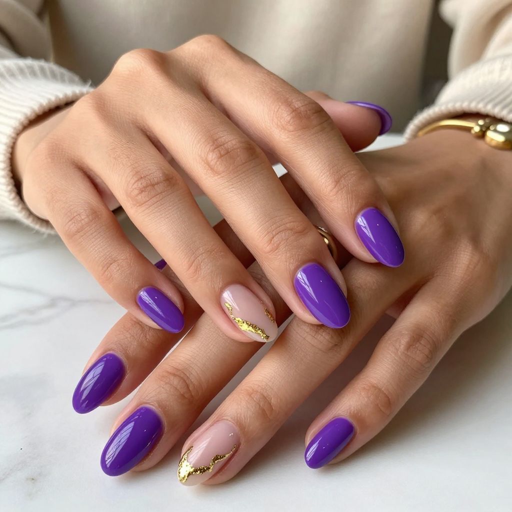 Deep Purple with Gold Foil French Curves nails