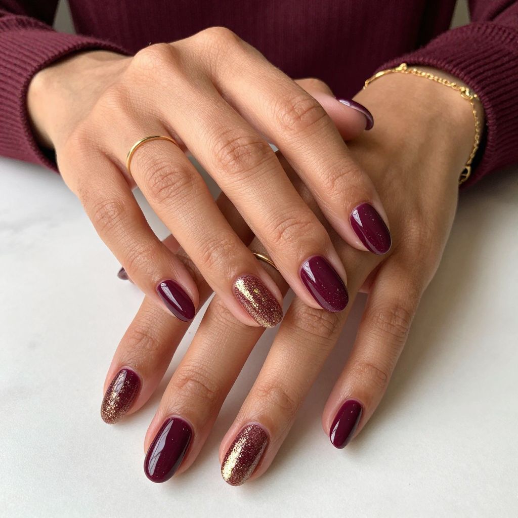 Burgundy Purple with Gold Glitter Fade nails
