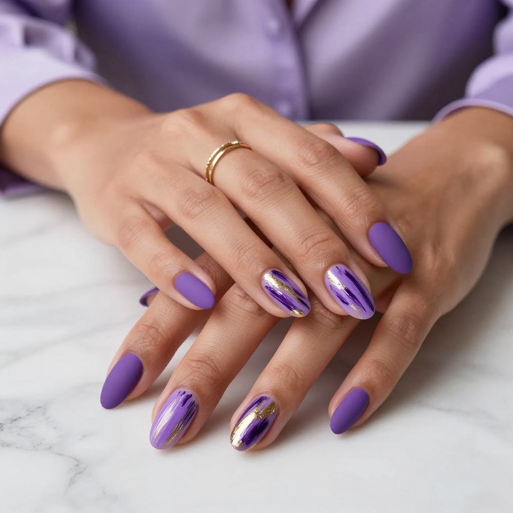 Abstract Purple and Gold Brushstrokes nails