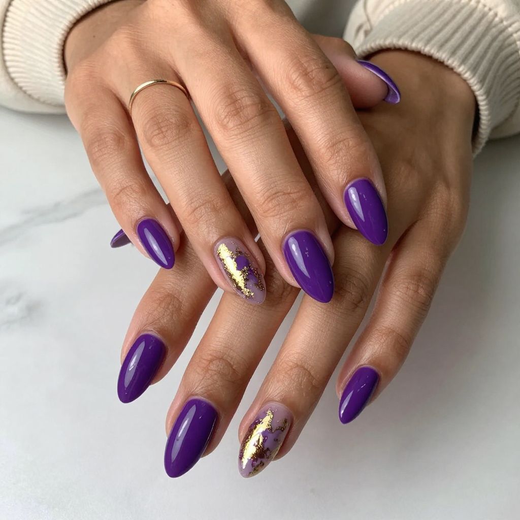 Glossy Purple with Gold Leaf Accent Nails