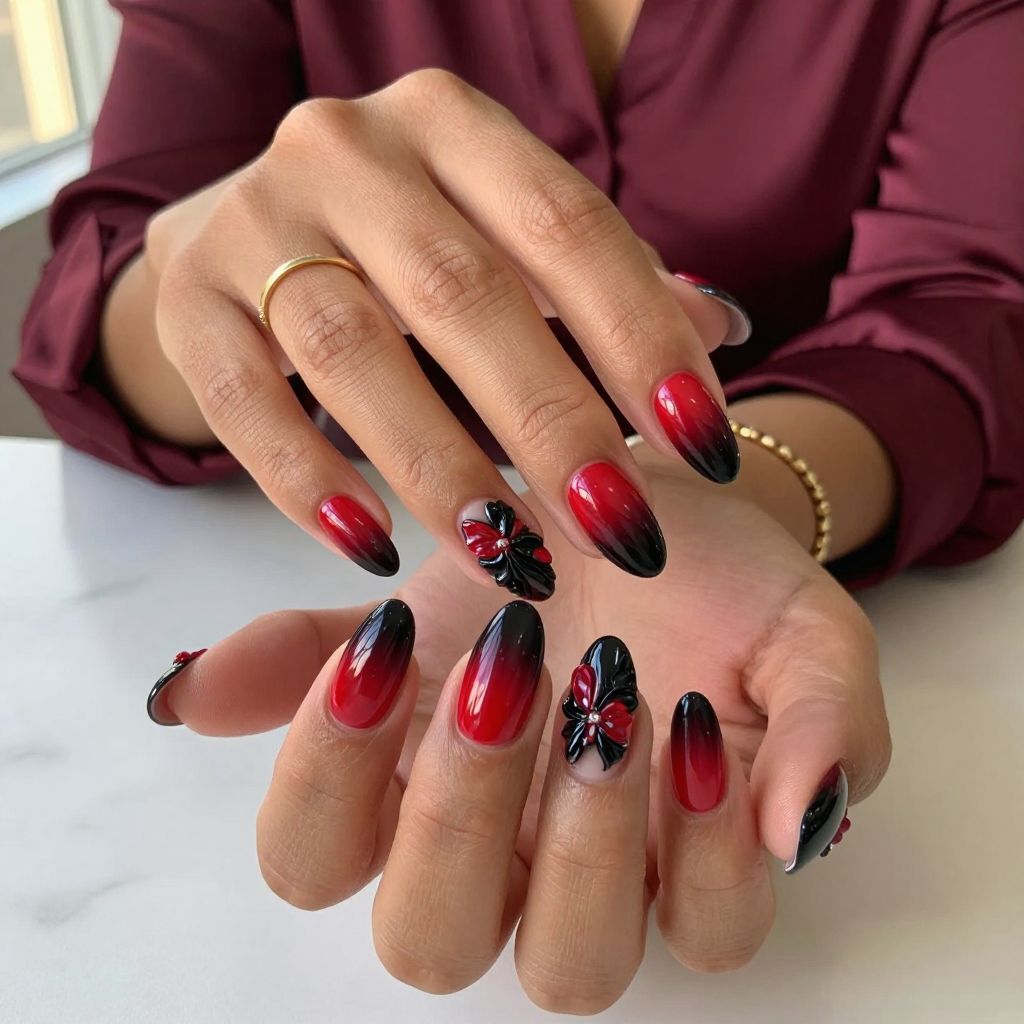 Red and Black Ombre with Glossy 3D Florals