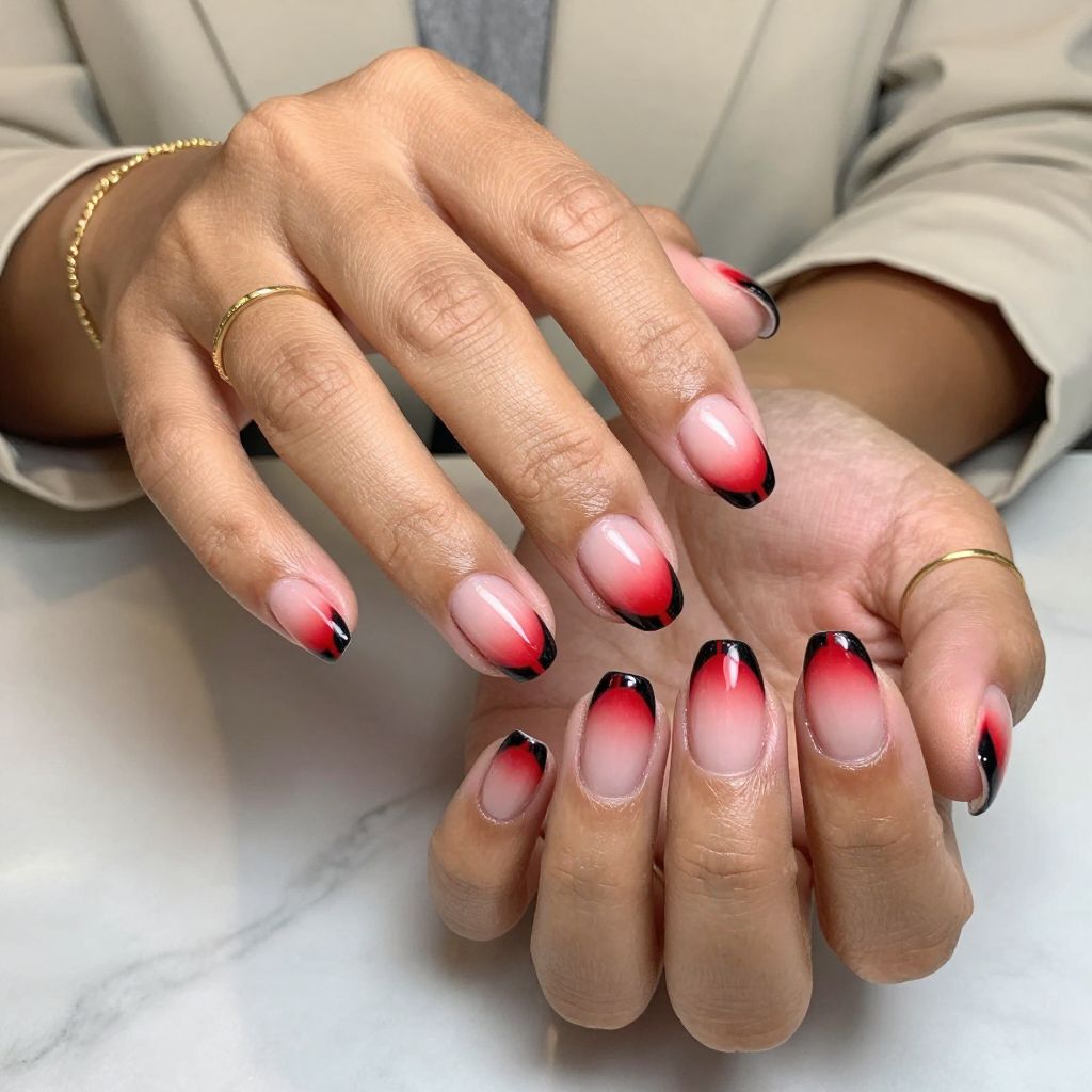 Ombre French Tips with Dual Red and Black Stripes