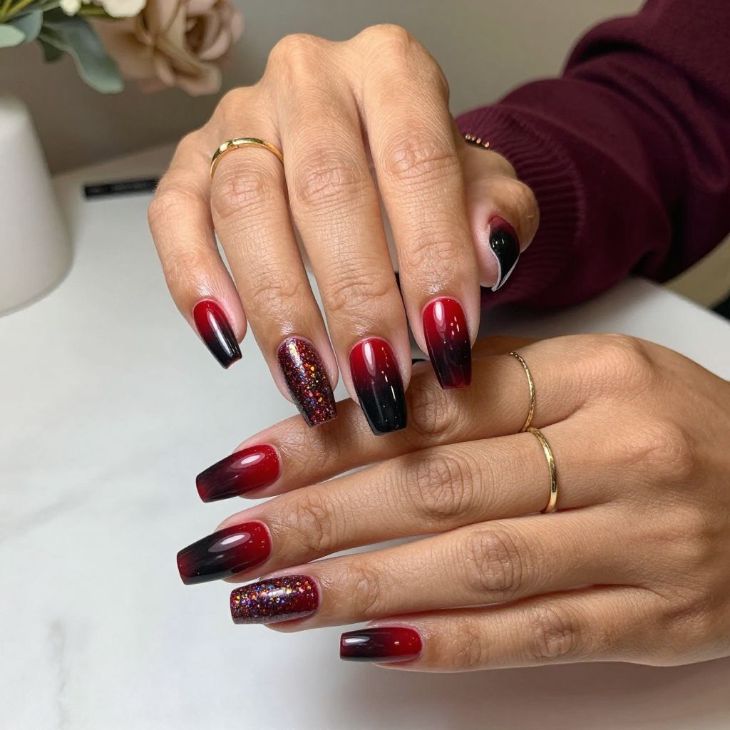 Deep Red to Black Ombre with Holographic Glitter Accent