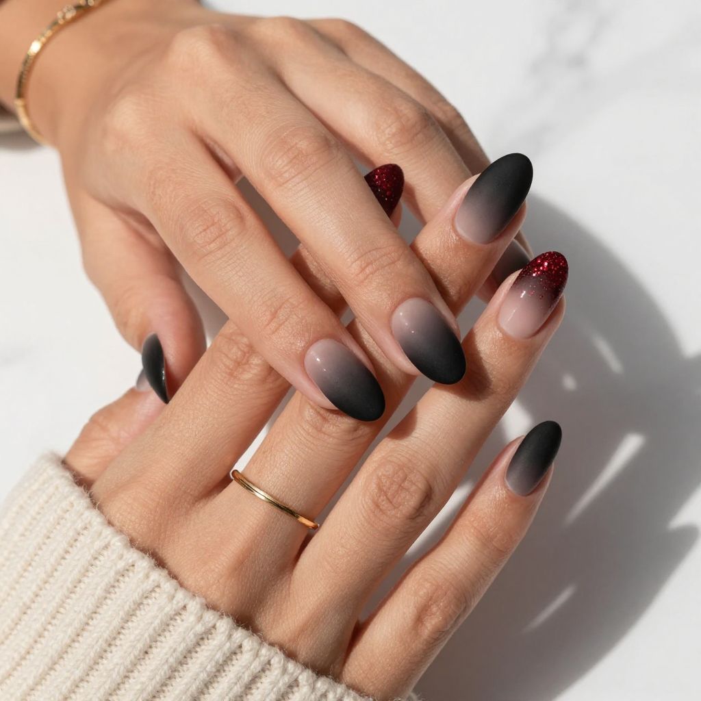 Soft Ombre with Red Glitter Fade into Black Satin Finish