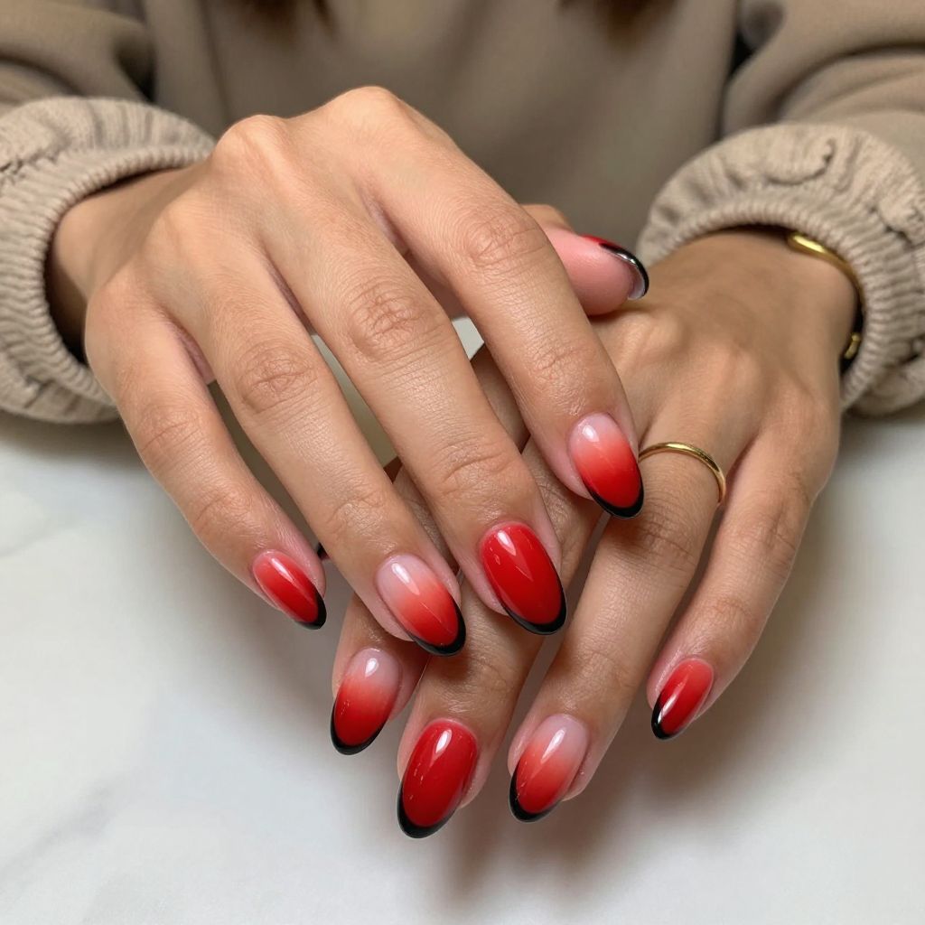 Red Ombre with Black French Tips