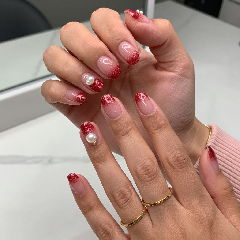 Sheer Red Glitter with Pearl Accents