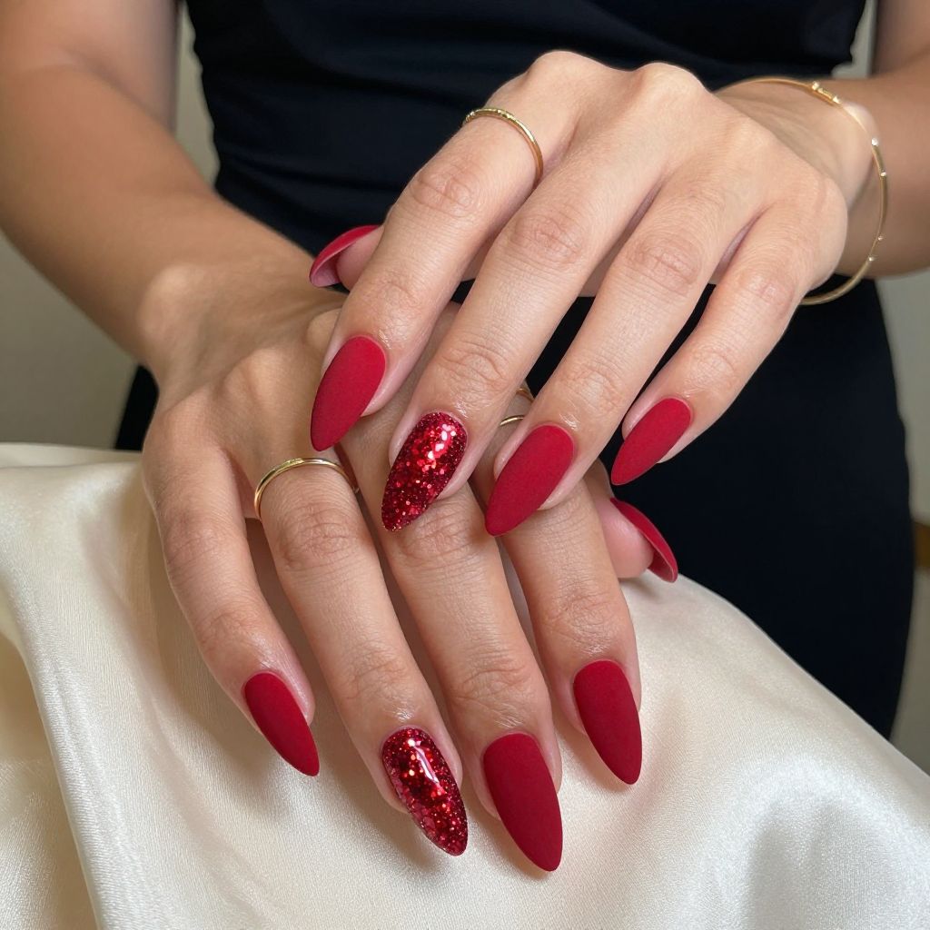 Matte Red with Glitter Accent Nail