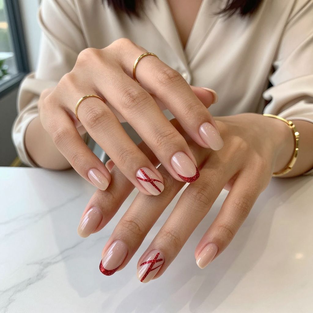 Red Glitter Stripes on Nude Base