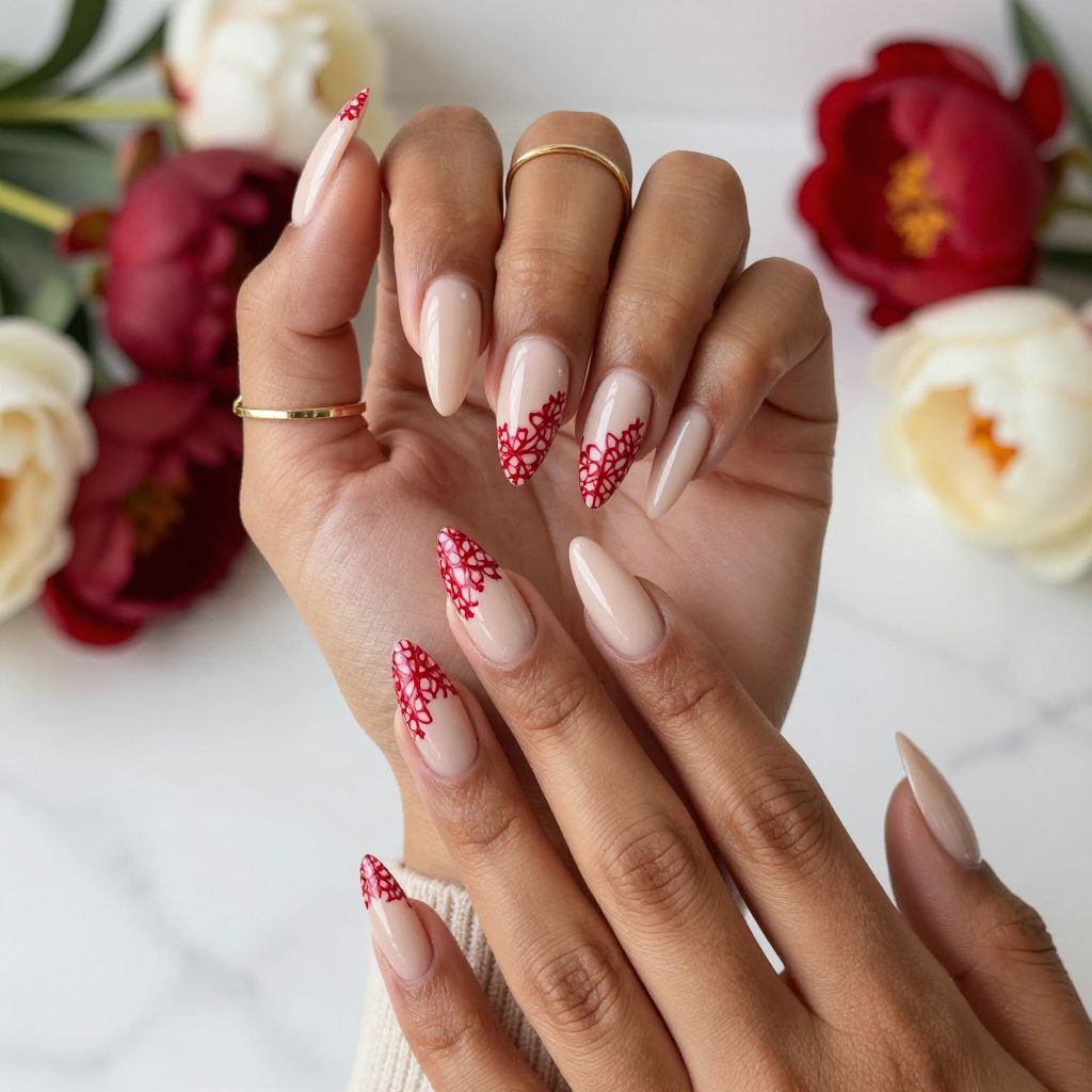 Red Lace Patterns on Nude Base