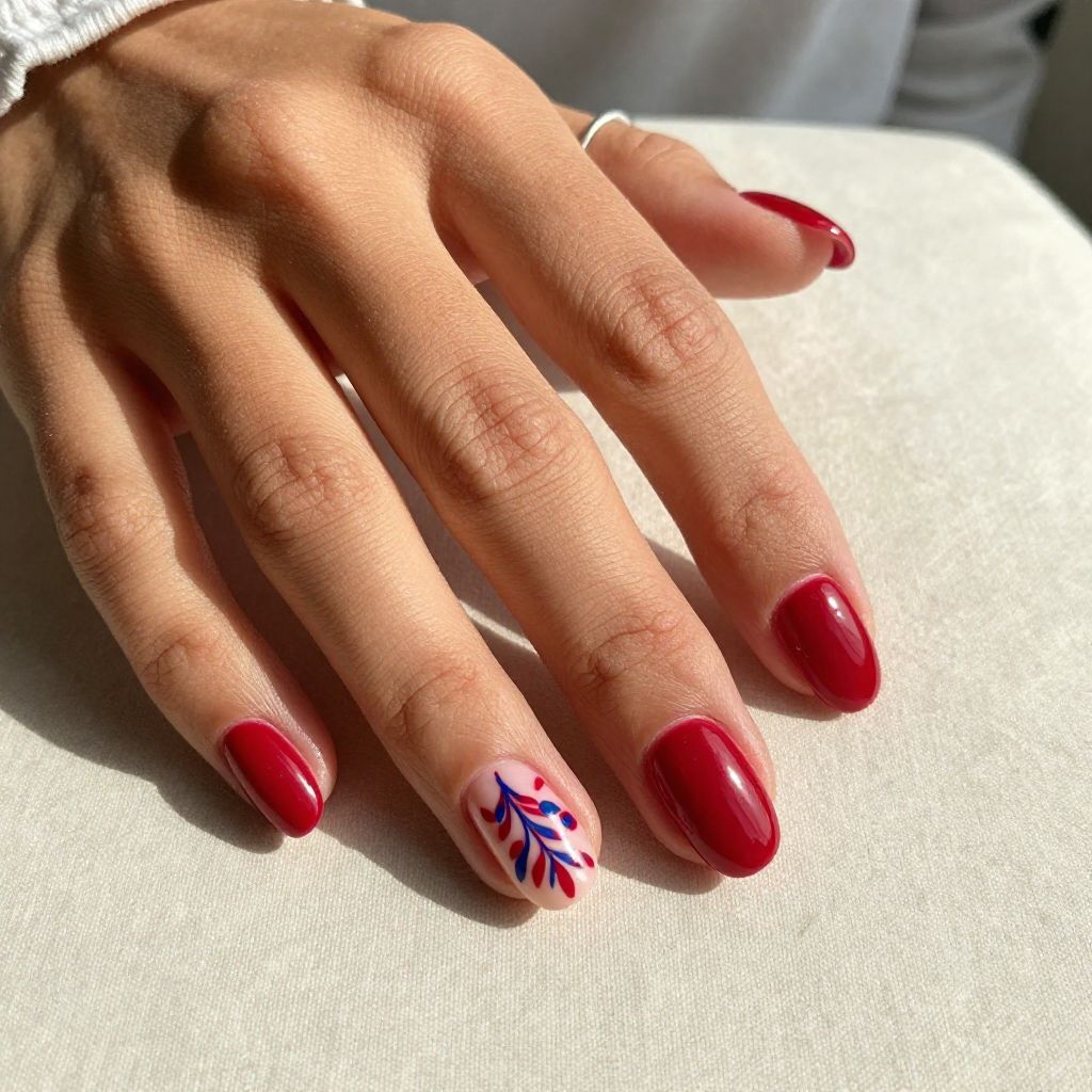 Red Base with White and Blue Leaf Motif