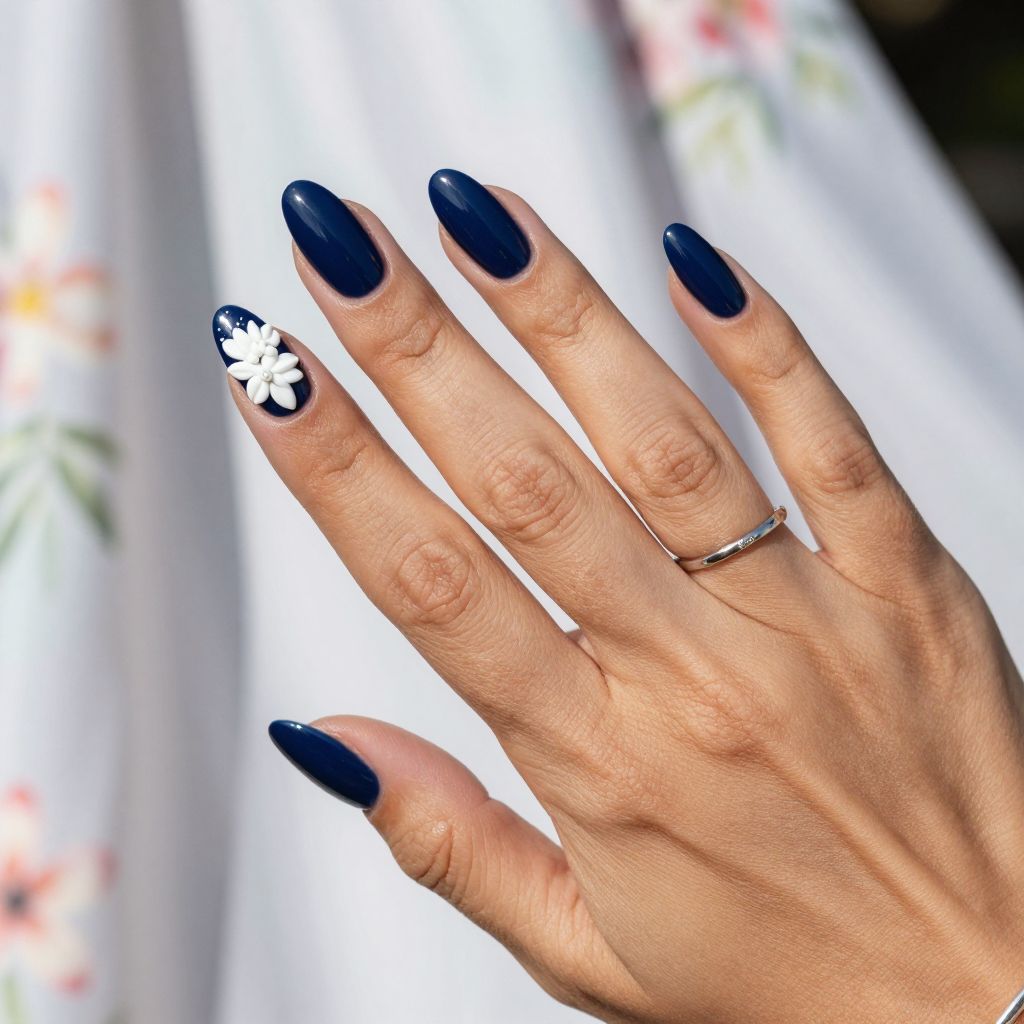 Glossy Navy with 3D White Floral Accents