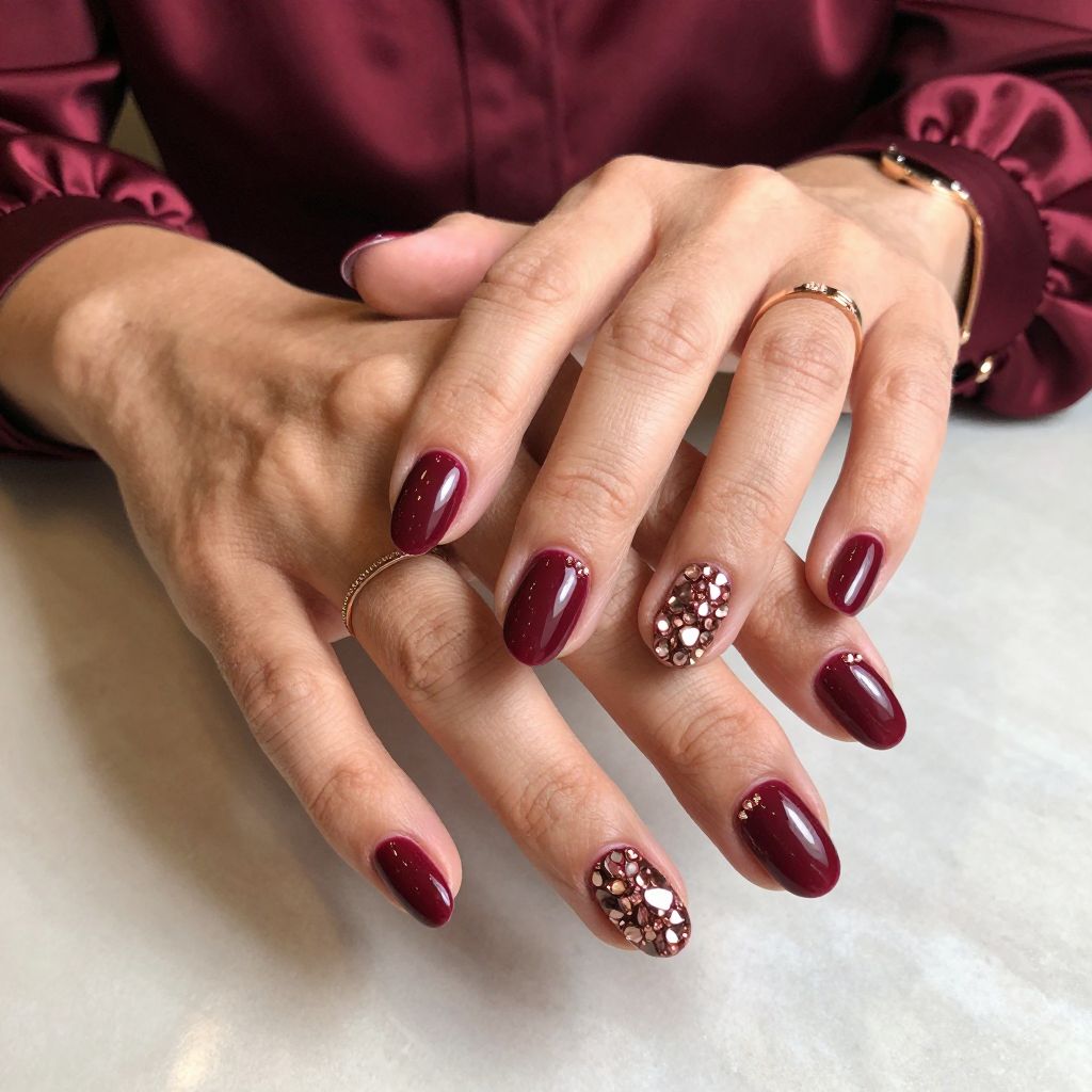 Classic Burgundy Gel with Rose Gold Gem Clusters at Cuticles