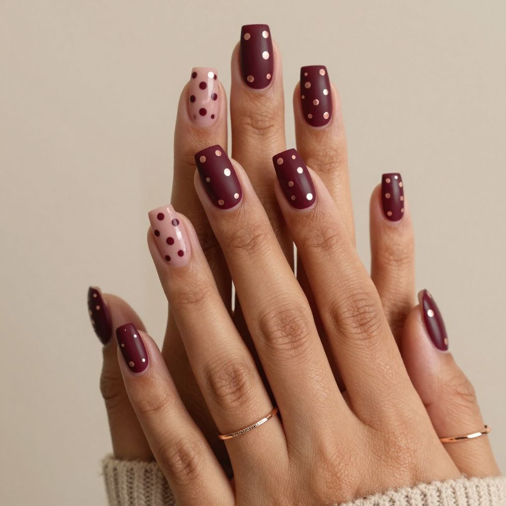 Burgundy Matte with Rose Gold Negative Space Polka Dots