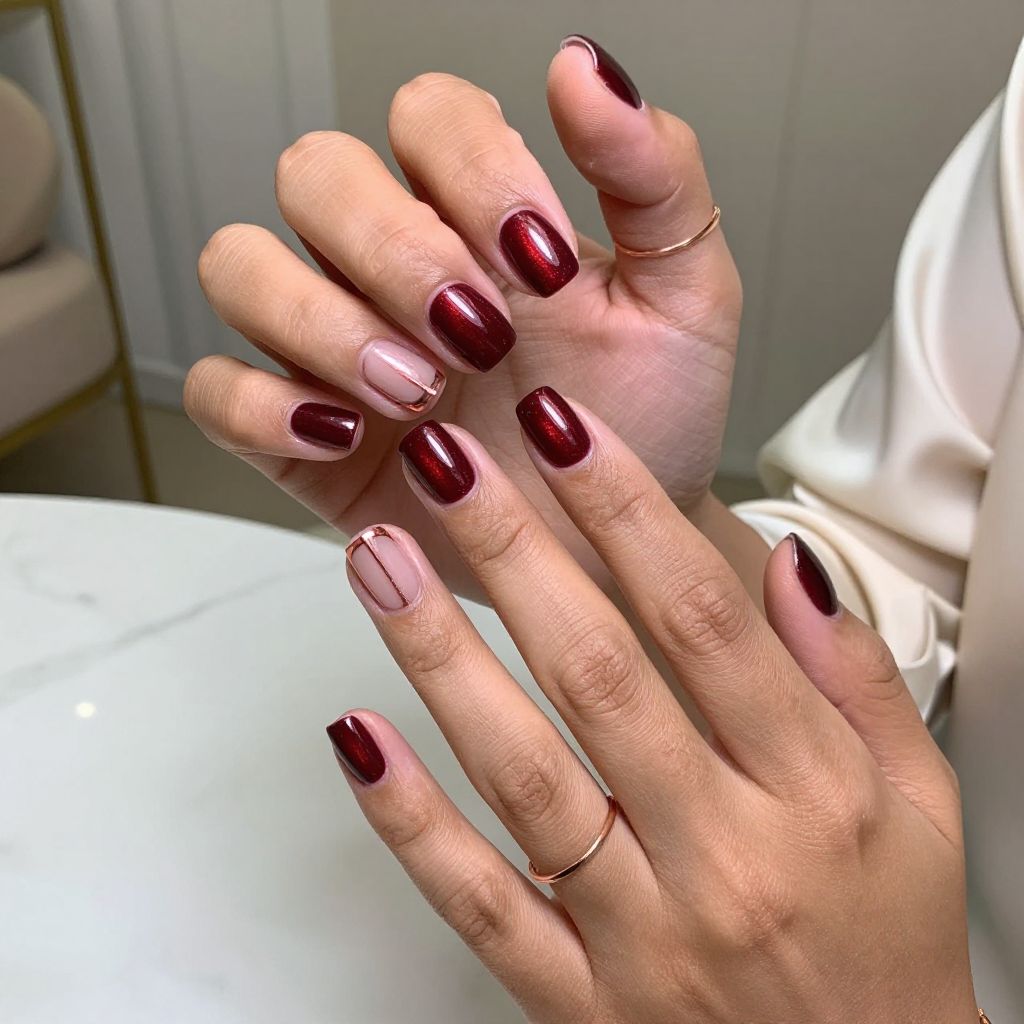 Metallic Burgundy with Thin Rose Gold French Lines