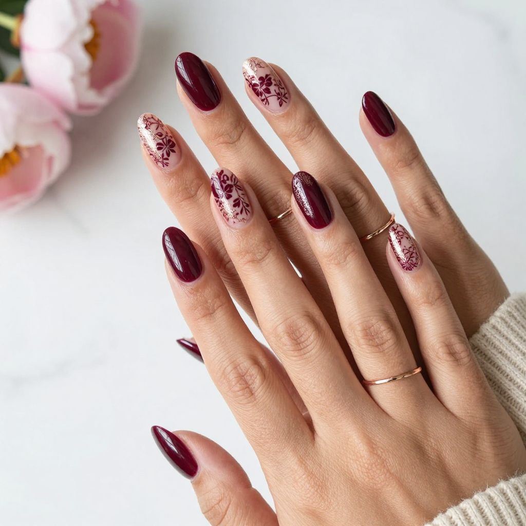 Burgundy Nail Art with Rose Gold Floral Lace Detailing