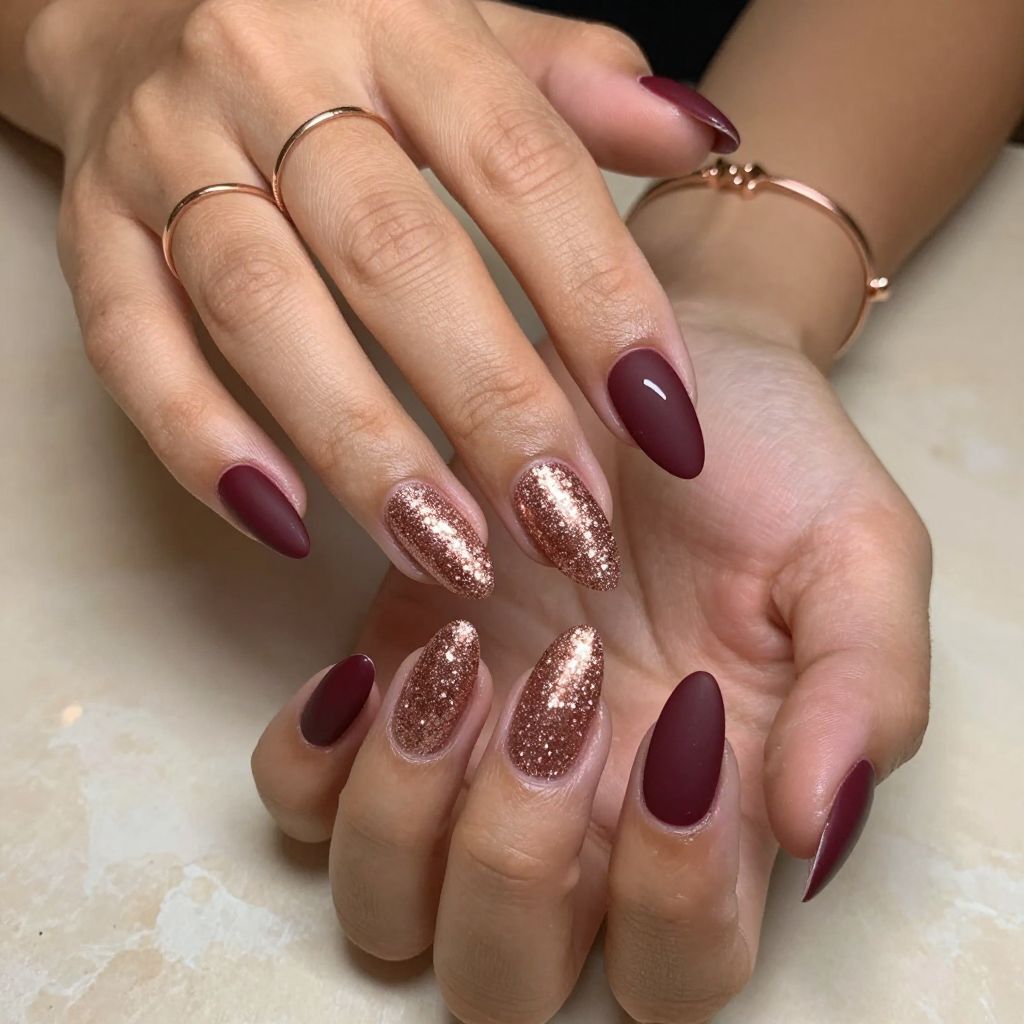 Glittery Rose Gold with Single Burgundy Accent Nail